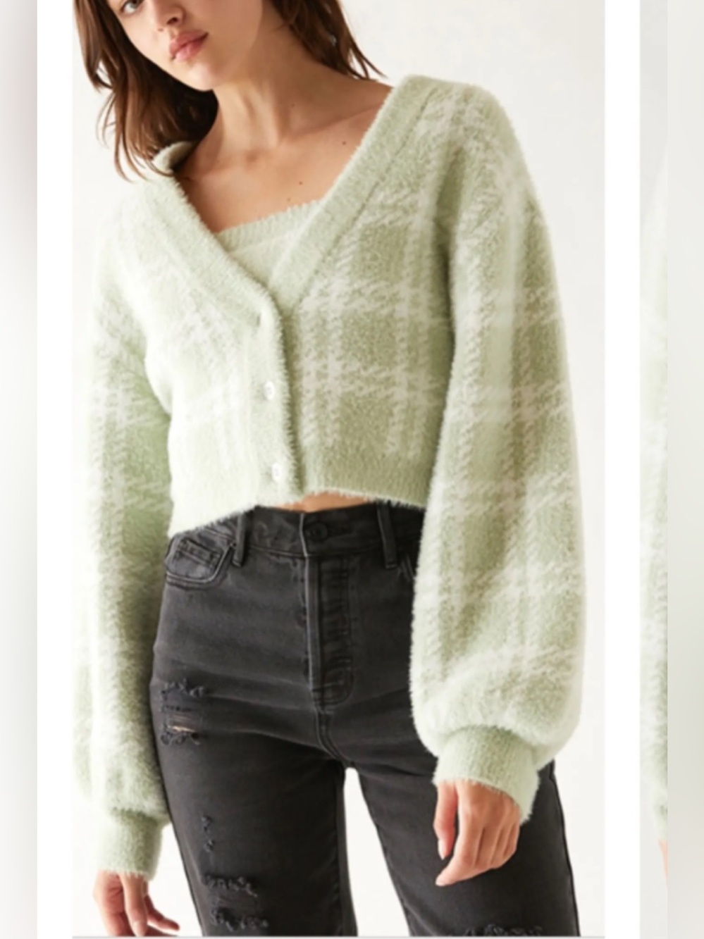 Kendall & Kylie Cropped Plush V-Neck Cardigan Cozy Fuzzy Mint Green, Size S